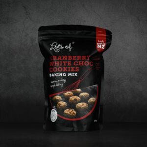 Lots of Baking Mixes Cranberry White Chocolate Cookies Baking Mix pouch, New Zealand made baking mix for homemade cranberry and white chocolate cookies.