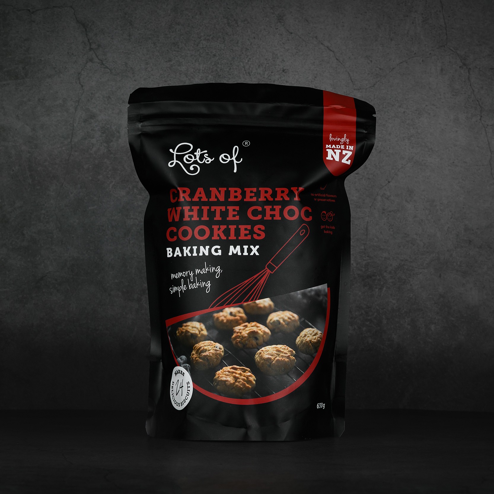 Cranberry White Choc Cookies Baking Mix 4 Lots of Baking Mixes Cranberry White Chocolate Cookies Baking Mix pouch, New Zealand made baking mix for homemade cranberry and white chocolate cookies.