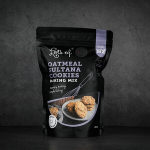Lots of Baking Mixes Oatmeal and Sultana Cookies Baking Mix pouch, New Zealand made baking mix for homemade oatmeal cookies.
